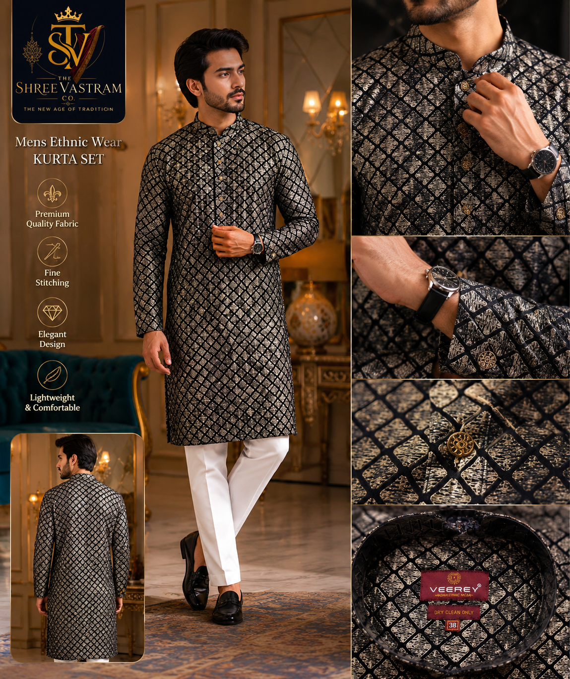 ShreeVastram Black & Gold Diamond Pattern Kurta Set